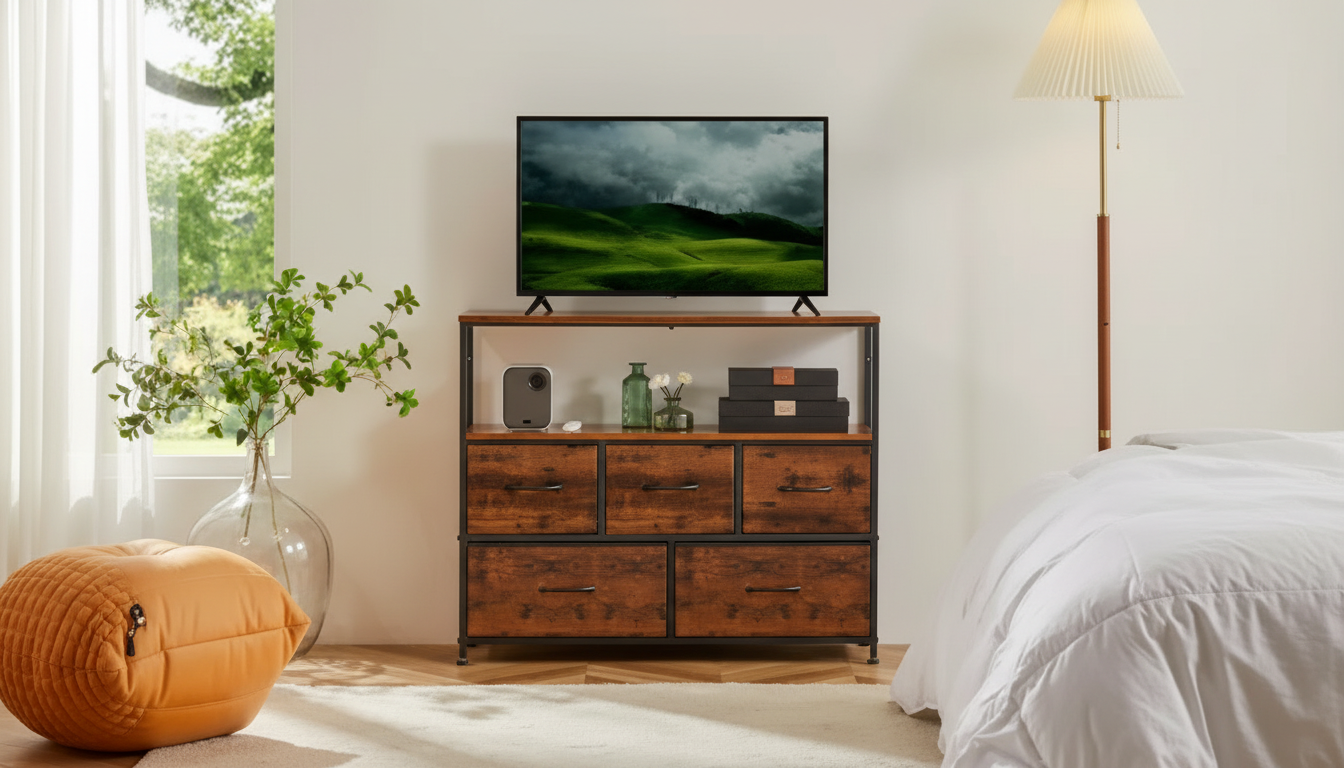 Cozy Fireplace TV Stand Dresser: 5 Fabric Drawers